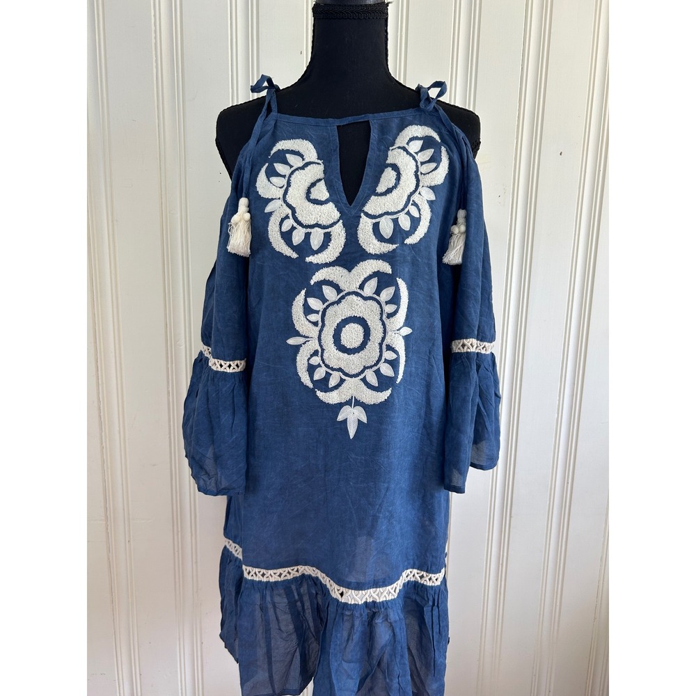 Shoulder Mare M Blue Embroidered Cold Shoulder Mini Dress/Tunic Boho Resort Vaca